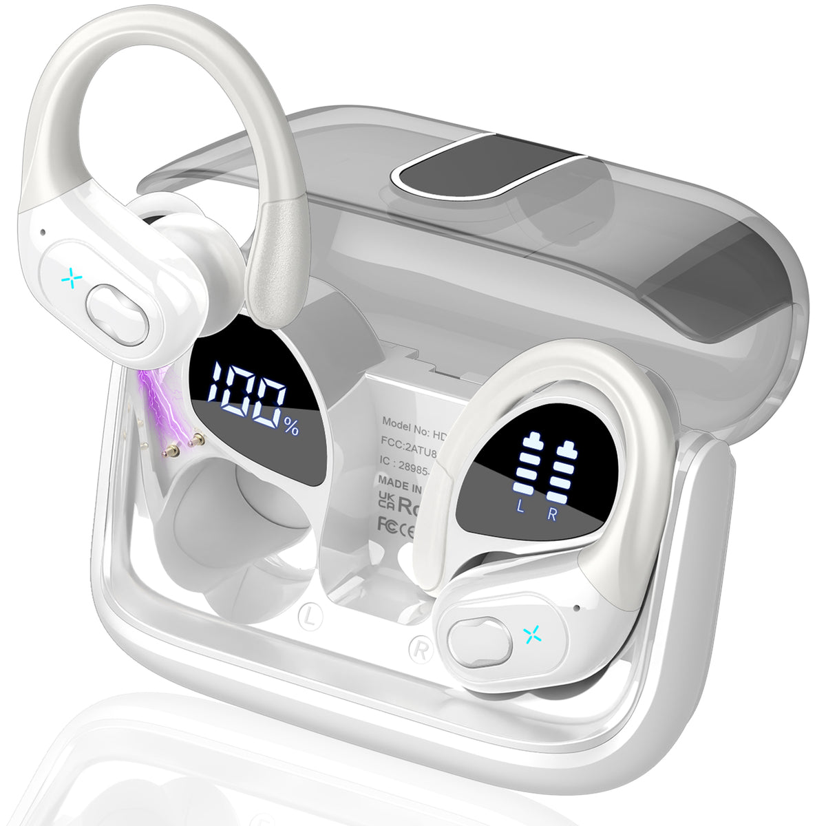 Wireless Earbuds 75H Bluetooth 5.4 Sport Headphones with Earhooks, White, IPX7 Waterproof In-ear Buds Feature ENC Noise Cancelling Mic & Deep Bass. Stereo Sound Device for Gym Running Workout