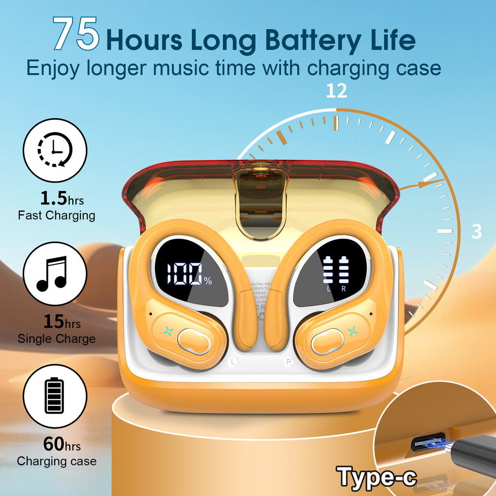 Wireless Earbuds 75H Bluetooth 5.4 Sport Headphones with Earhooks, Yellow, IPX7 Waterproof In-ear Buds Feature ENC Noise Cancelling Mic & Deep Bass. Stereo Sound Device for Gym Running Workout