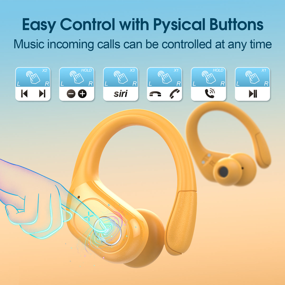 Wireless Earbuds 75H Bluetooth 5.4 Sport Headphones with Earhooks, Yellow, IPX7 Waterproof In-ear Buds Feature ENC Noise Cancelling Mic & Deep Bass. Stereo Sound Device for Gym Running Workout