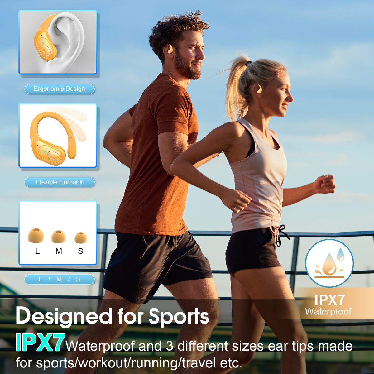 Wireless Earbuds 75H Bluetooth 5.4 Sport Headphones with Earhooks, Yellow, IPX7 Waterproof In-ear Buds Feature ENC Noise Cancelling Mic & Deep Bass. Stereo Sound Device for Gym Running Workout