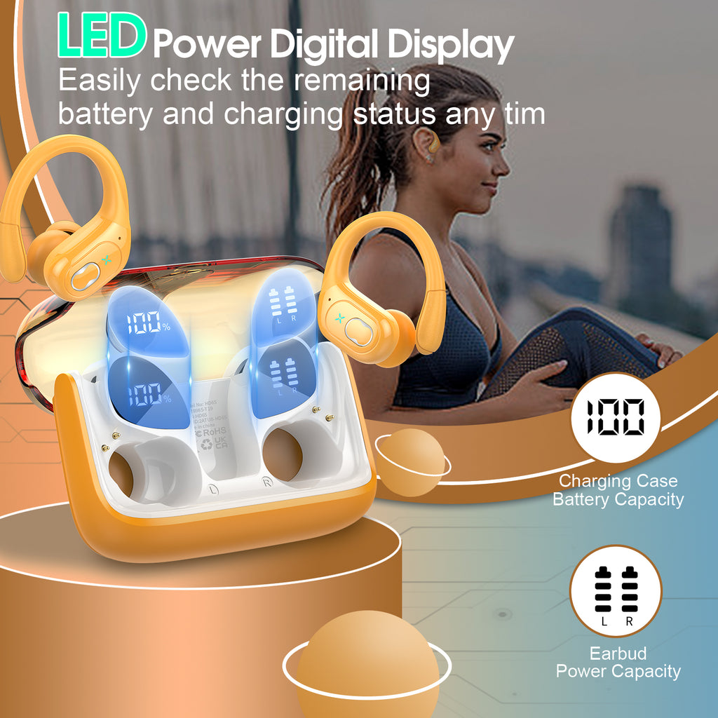 Wireless Earbuds 75H Bluetooth 5.4 Sport Headphones with Earhooks, Yellow, IPX7 Waterproof In-ear Buds Feature ENC Noise Cancelling Mic & Deep Bass. Stereo Sound Device for Gym Running Workout