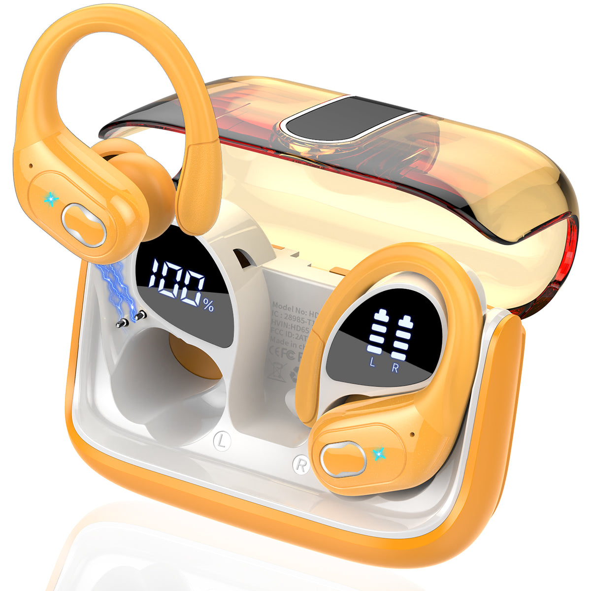 Wireless Earbuds 75H Bluetooth 5.4 Sport Headphones with Earhooks, Yellow, IPX7 Waterproof In-ear Buds Feature ENC Noise Cancelling Mic & Deep Bass. Stereo Sound Device for Gym Running Workout